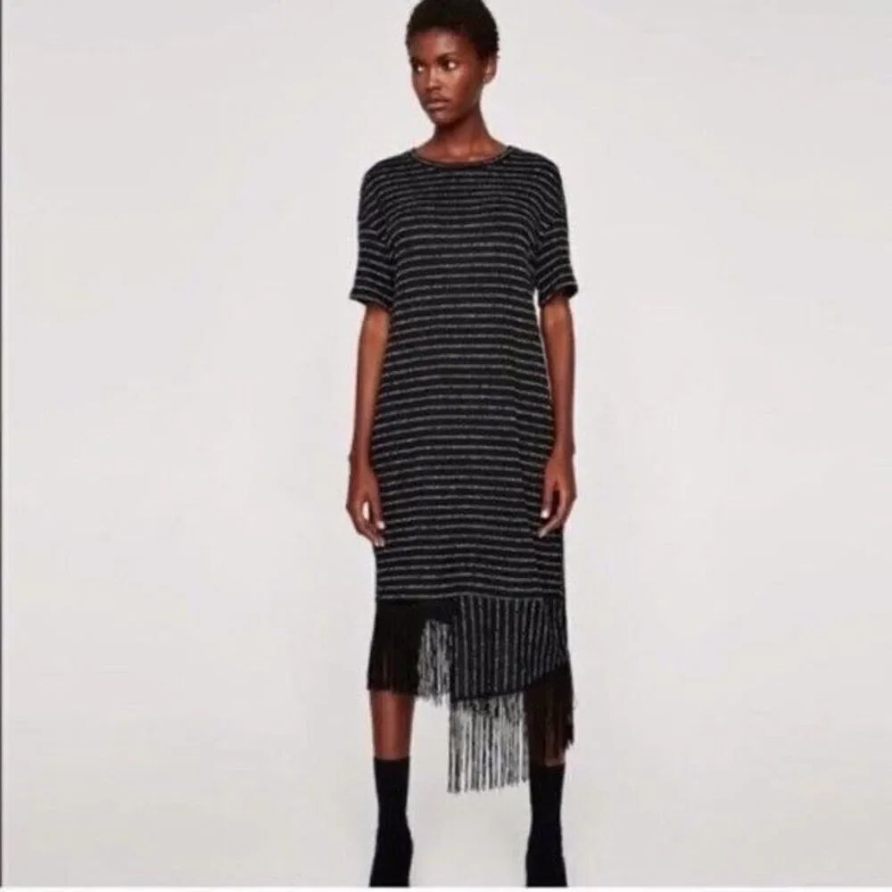 ✨ZARA Trafaluc Knit Fringe Striped Midi Tee Sz Small Dress✨